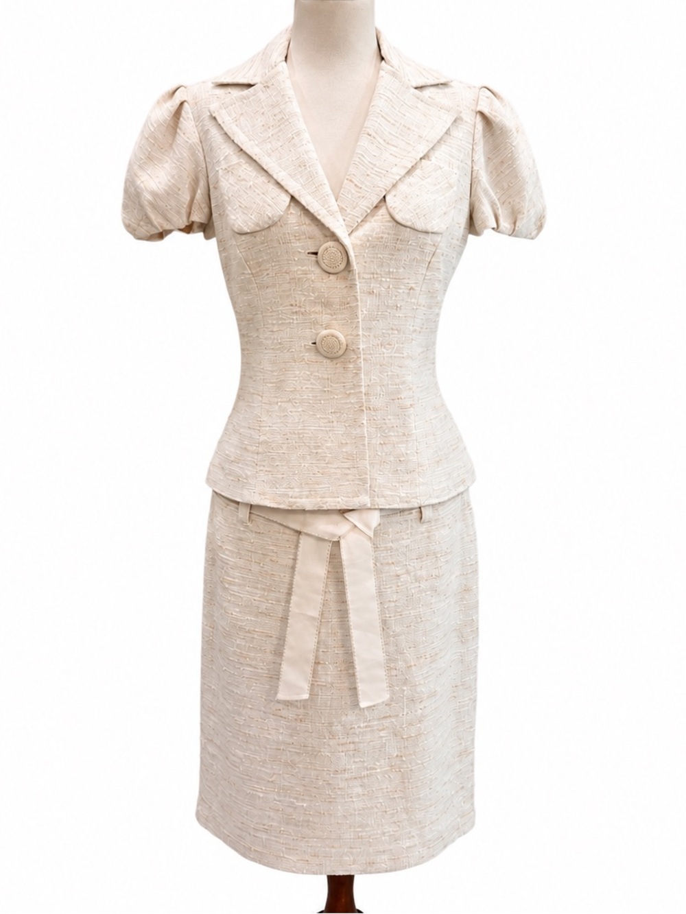 Trina Turk Vintage Silk Suit Women’s Cream Tweed Pencil Skirt - Classic Small